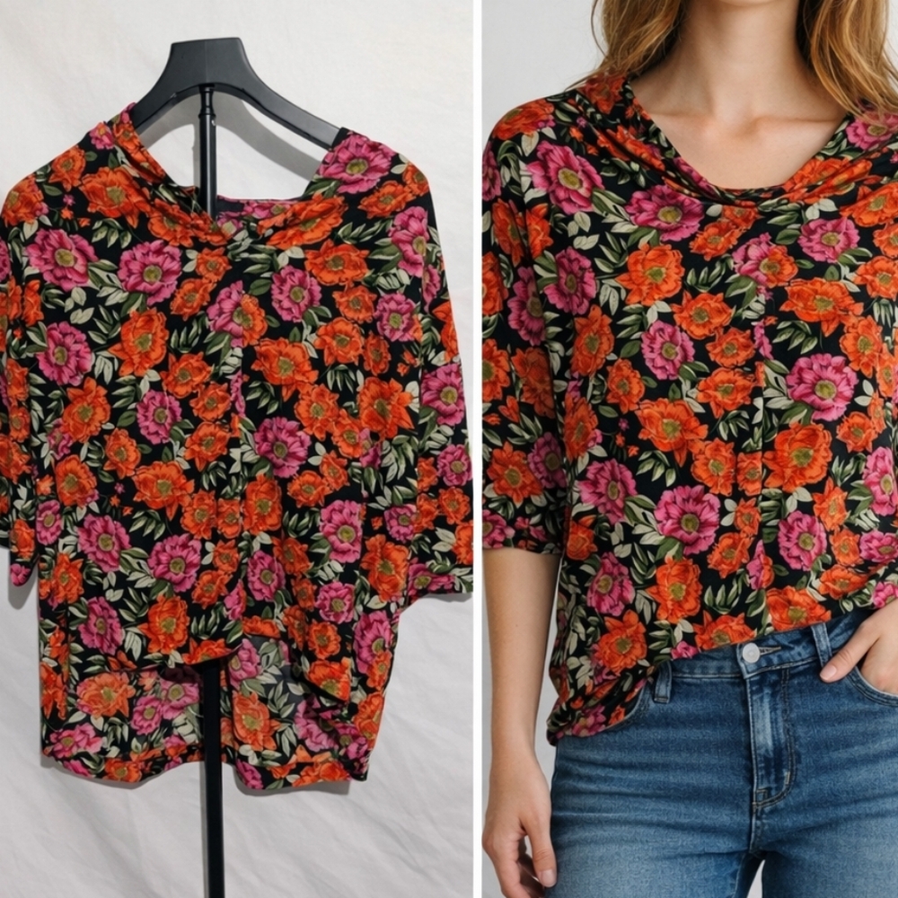 Gibson Black Pink Floral V-Neck Blouse - Size M - Office Career Top